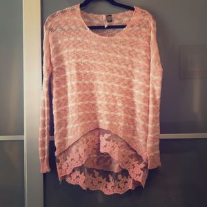 Pink, lace trim sweater
